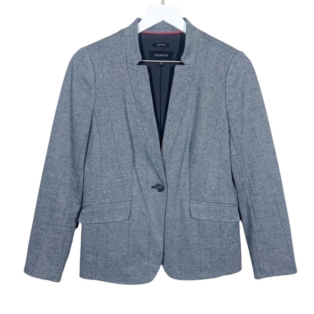 Talbots Womens Aberdeen Herringbone Black Blazer Jacket Size 4 Cotton Polyester
